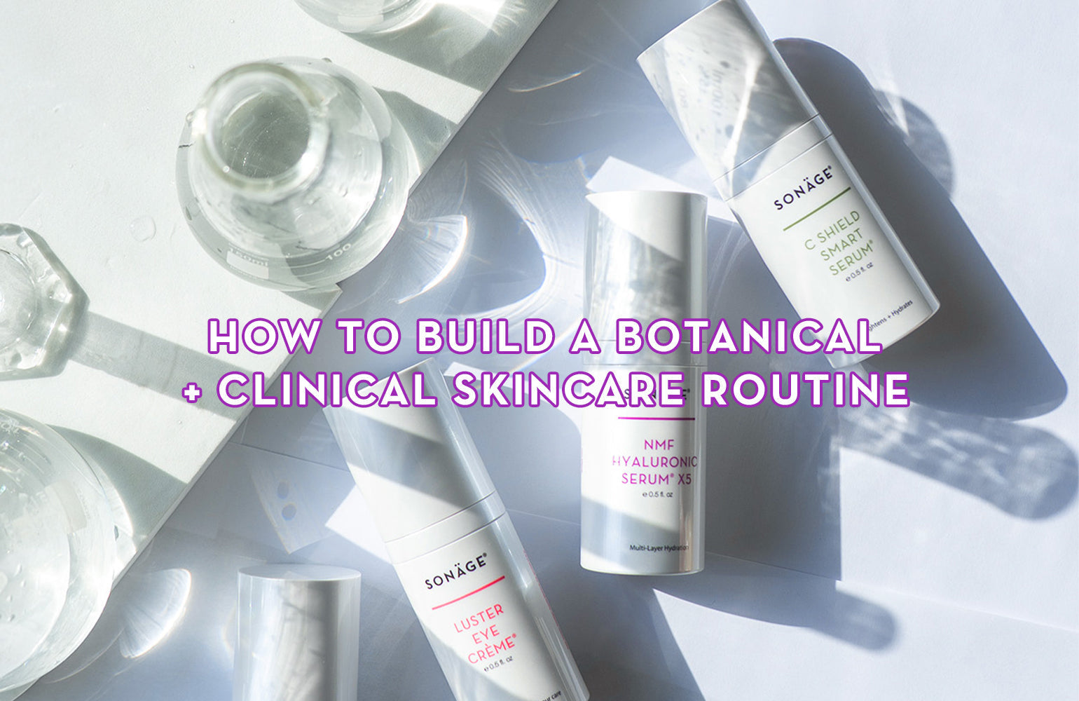 Travel size sonage skincare products laying next to glass beakers