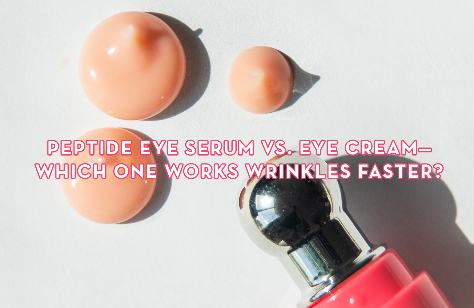 Silver metal roller ball applicator with three product droplets surrounding. Title text overaly.