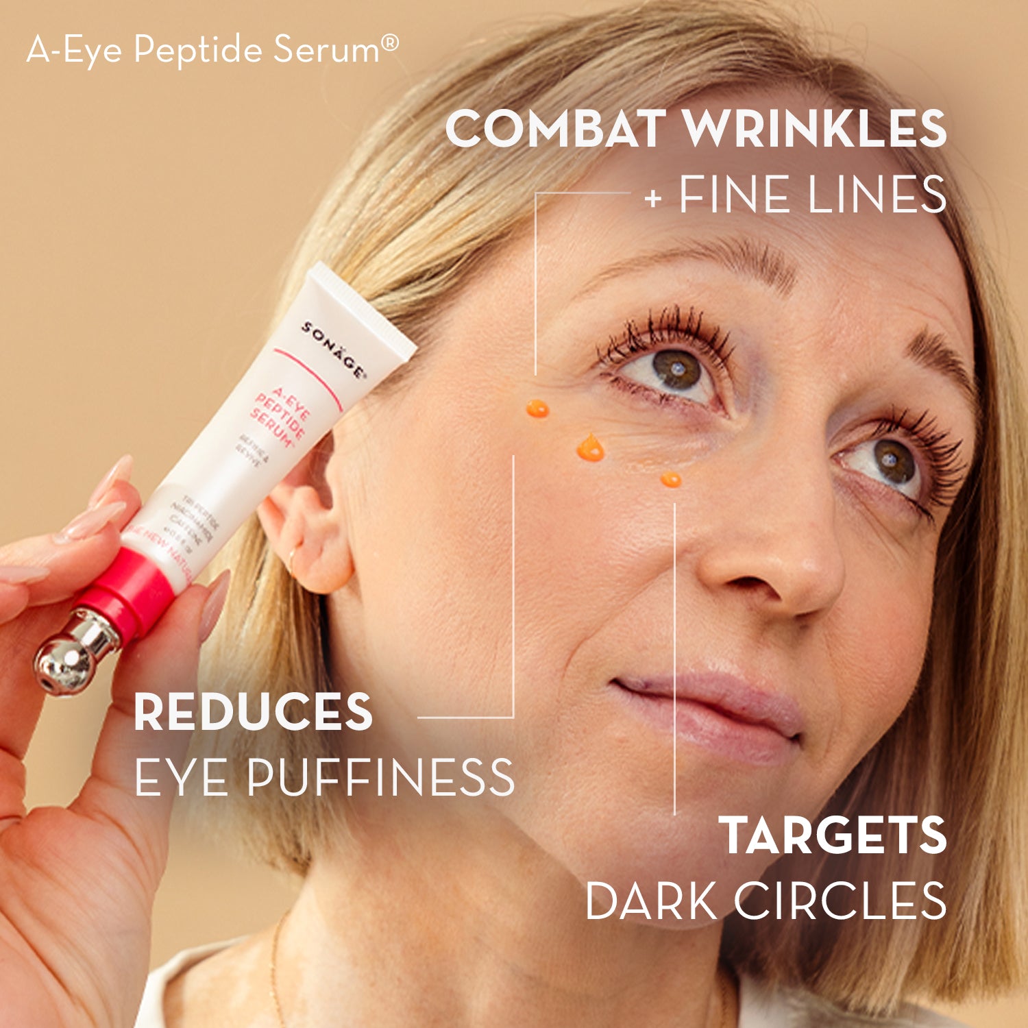 Woman applying A-Eye Peptide Serum with text highlighting benefits on a beige background