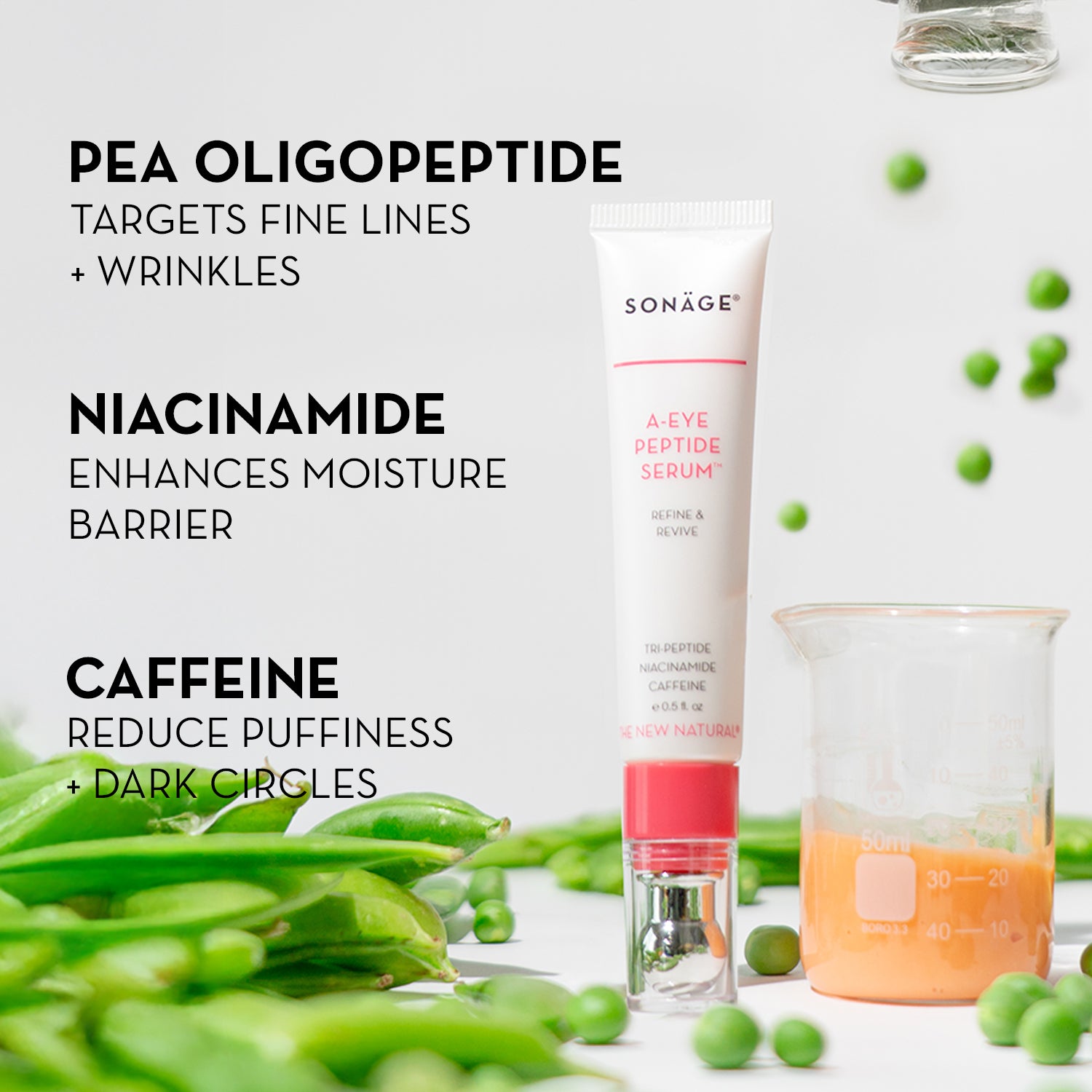 Sonáge A-Eye Peptide Serum with pea oligopeptide, niacinamide, and caffeine benefits displayed.