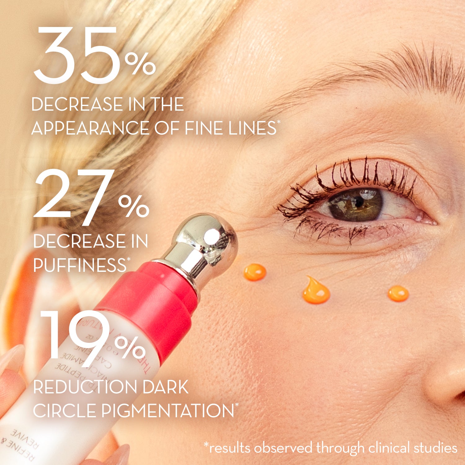 Skincare product with droplets on a woman's face, showing improvement statistics.