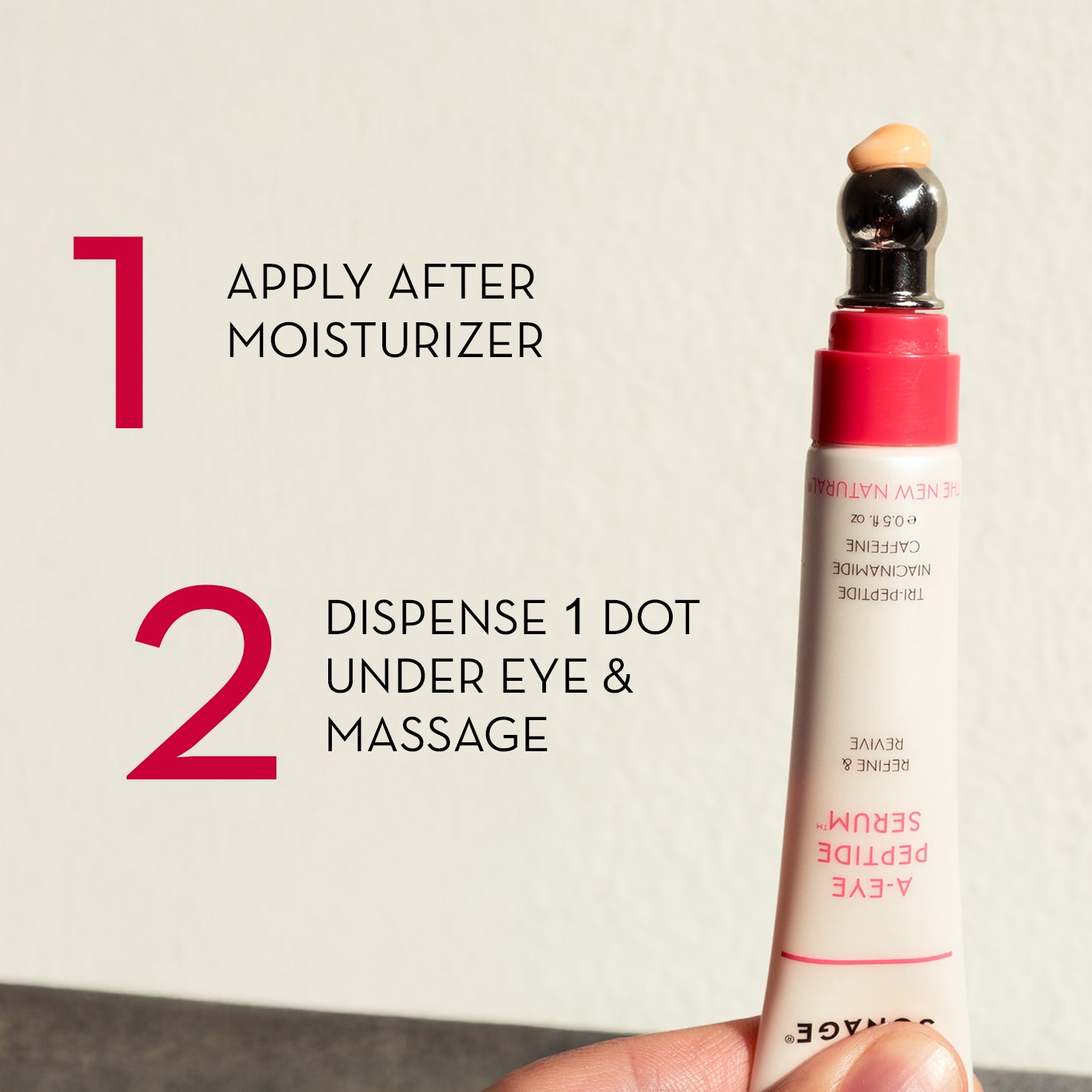 Serum bottle with application instructions on a neutral background