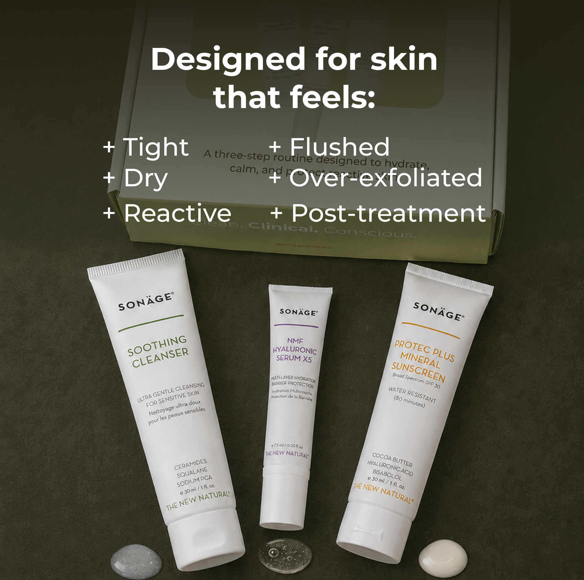 Three white bottle Sonage skincare products with their respective textures besides them
