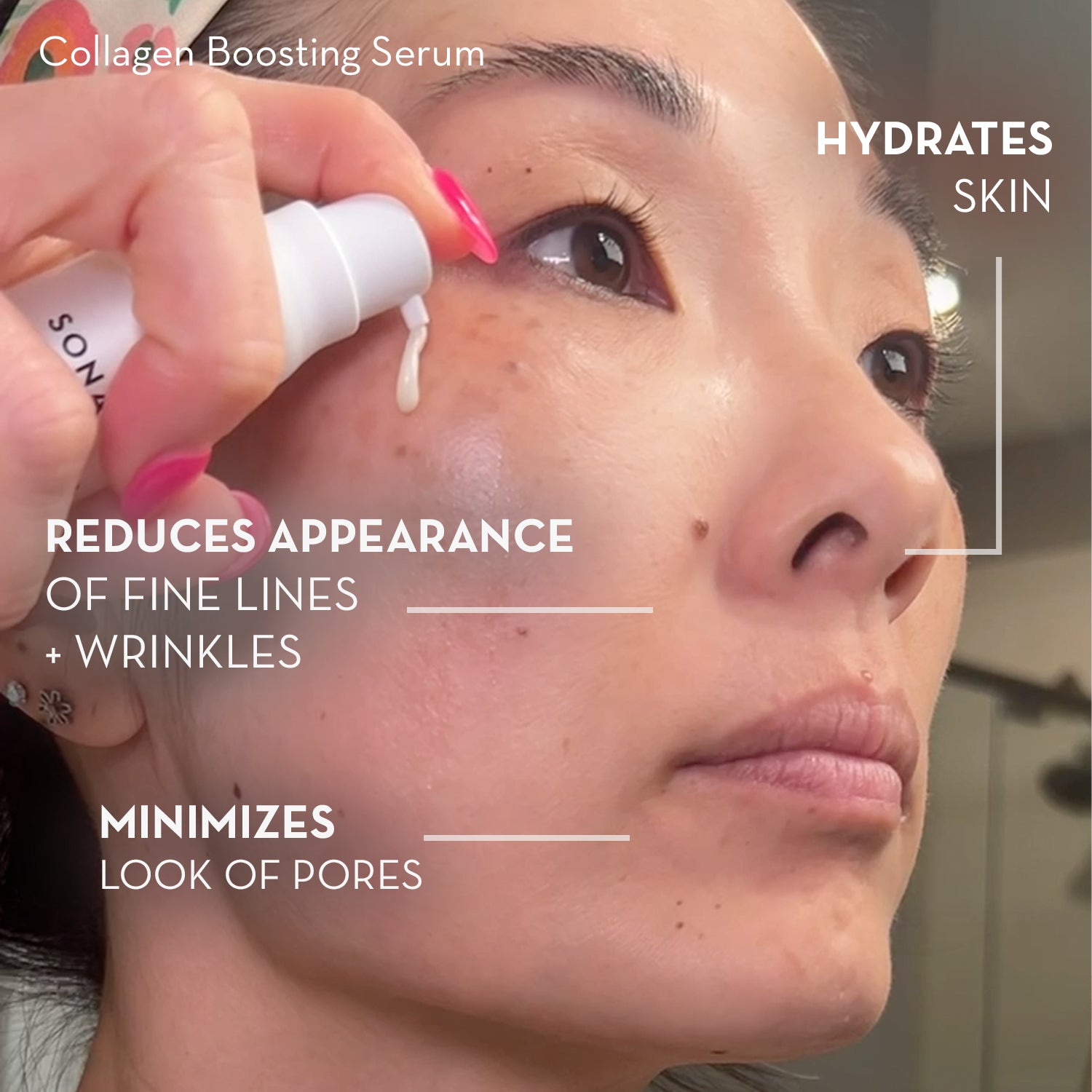 Person applying a collagen boosting serum to their face with text highlighting benefits.