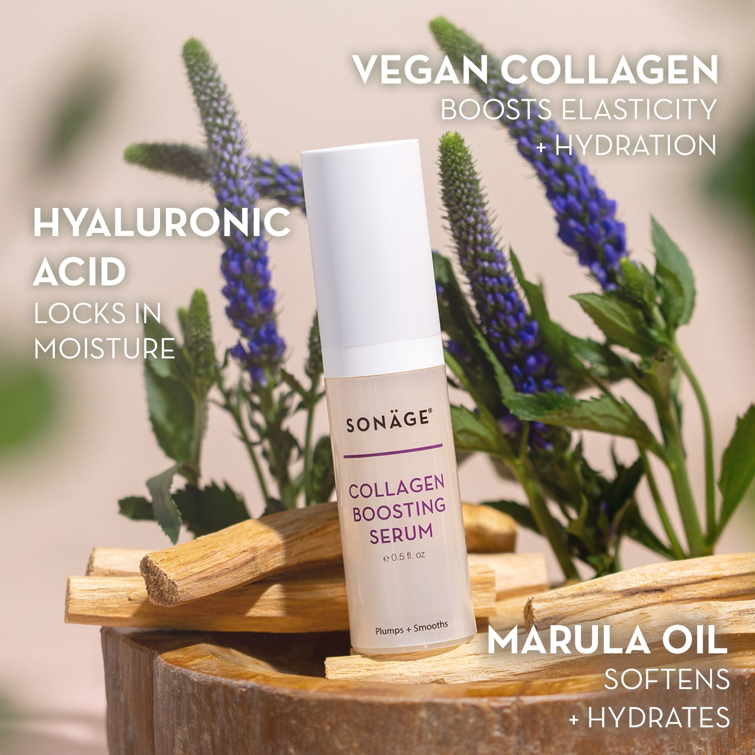 Sonáge collagen boosting serum with marula oil and hyaluronic acid on a natural background