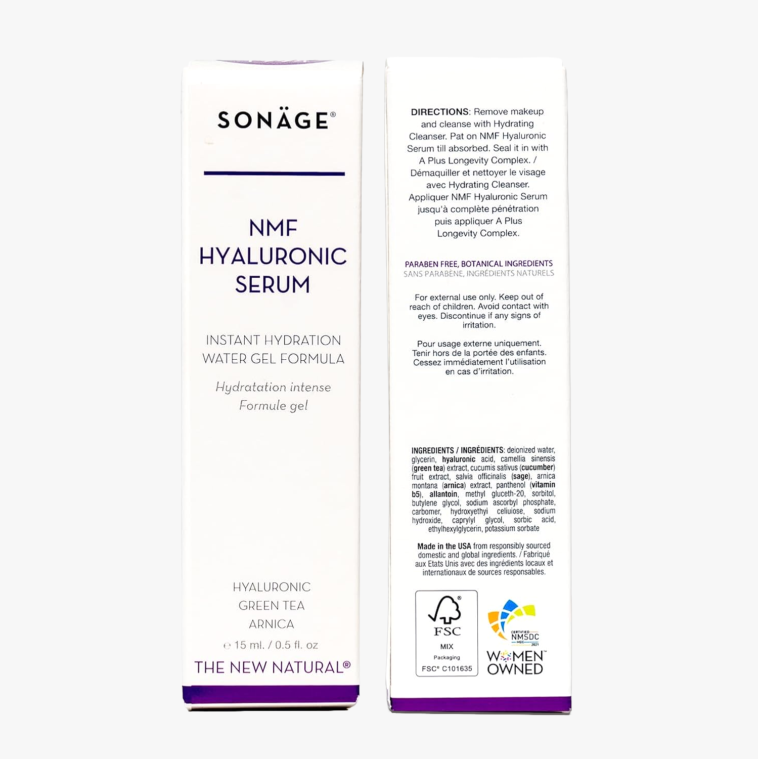 Sonáge NMF Hyaluronic Serum packaging with directions and ingredients on a white background