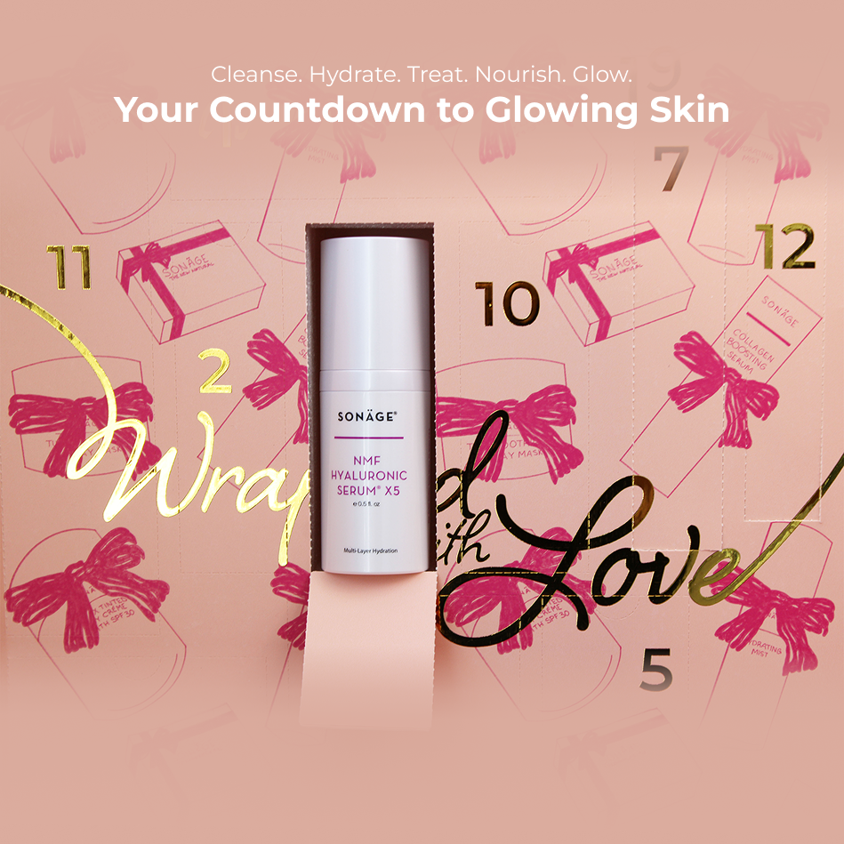 Skincare advent calendar with standing serum bottle and countdown door artwork