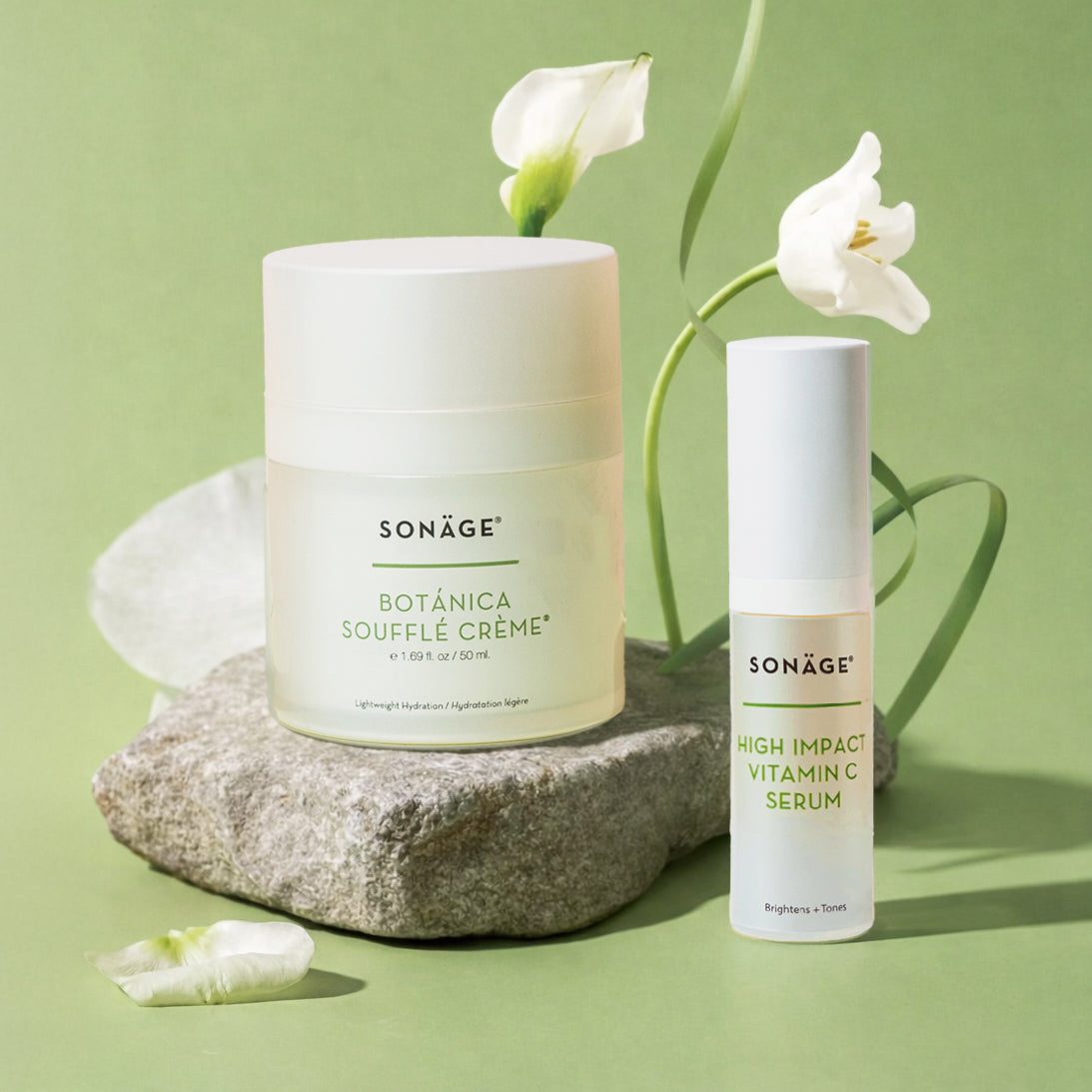 Botanica Souffle Creme on a rock stylized next to high impact