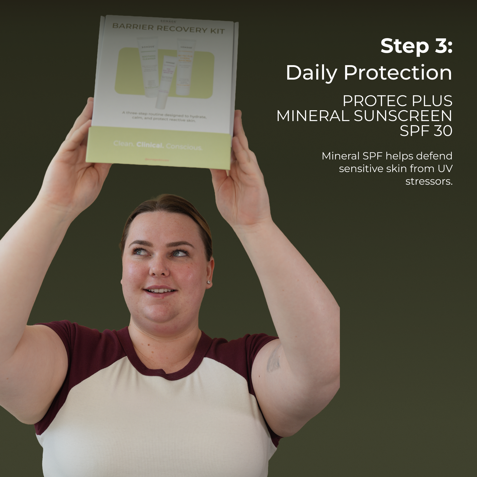 Slightly opened Sensitive Skin Barrier Recovery Kit box being held up above the head with two hands by a woman who is looking towards the upper left corner with a slight open-mouth smile