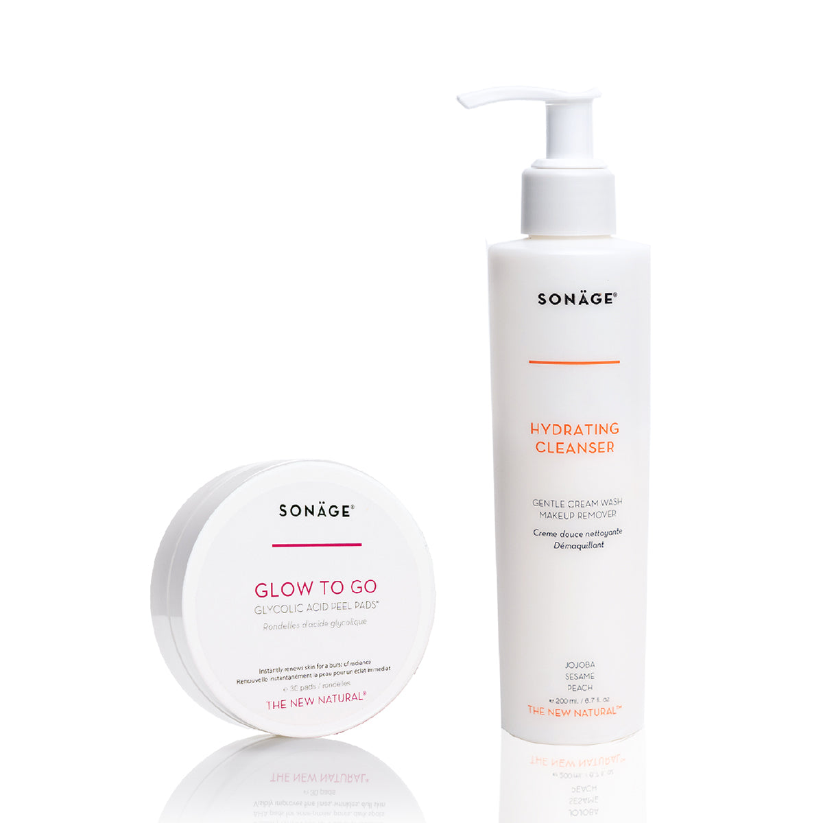 Hydrating Cleanser and Peel Pads on white background