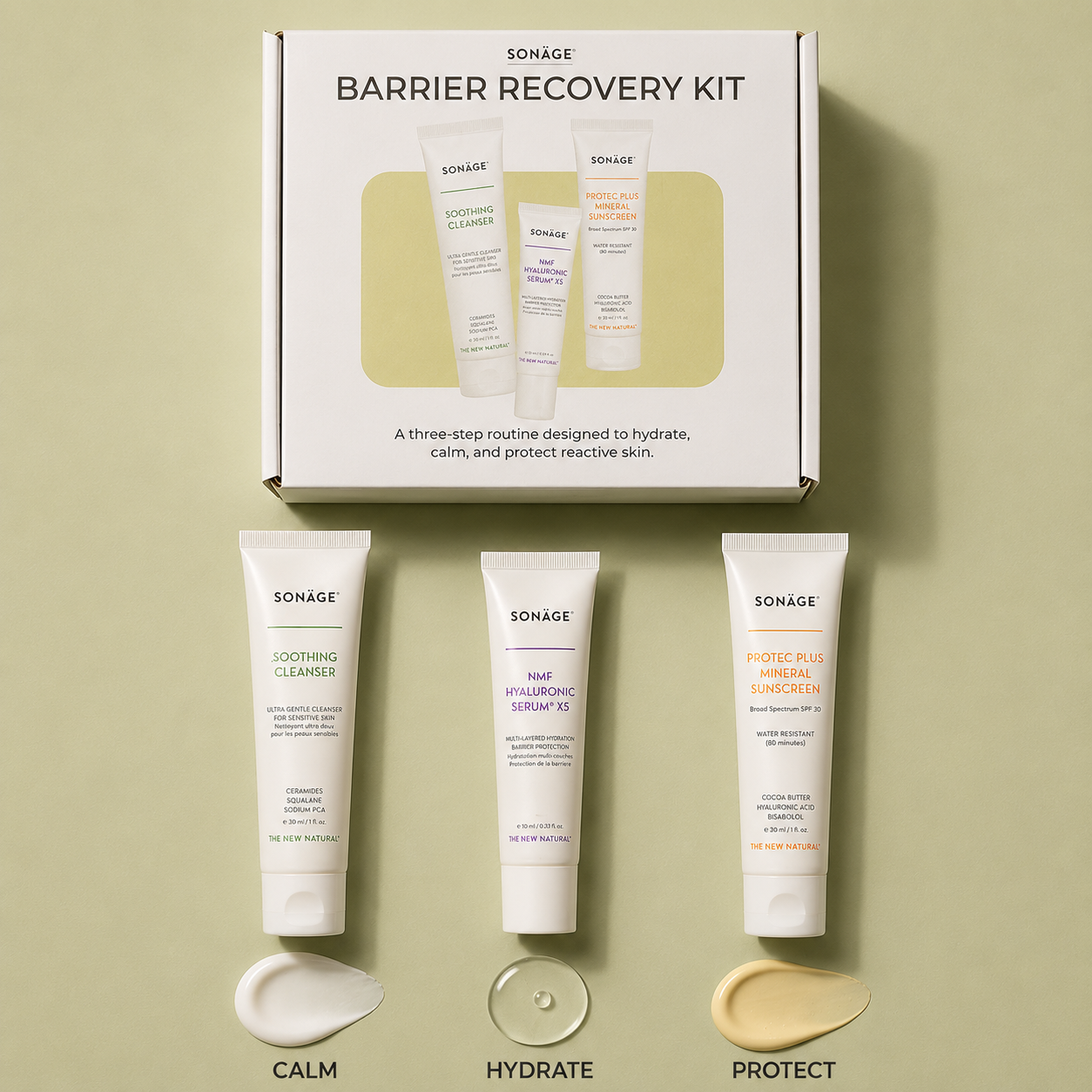 A three-step routine designed to hydrate, calm, and protect reactive skin.