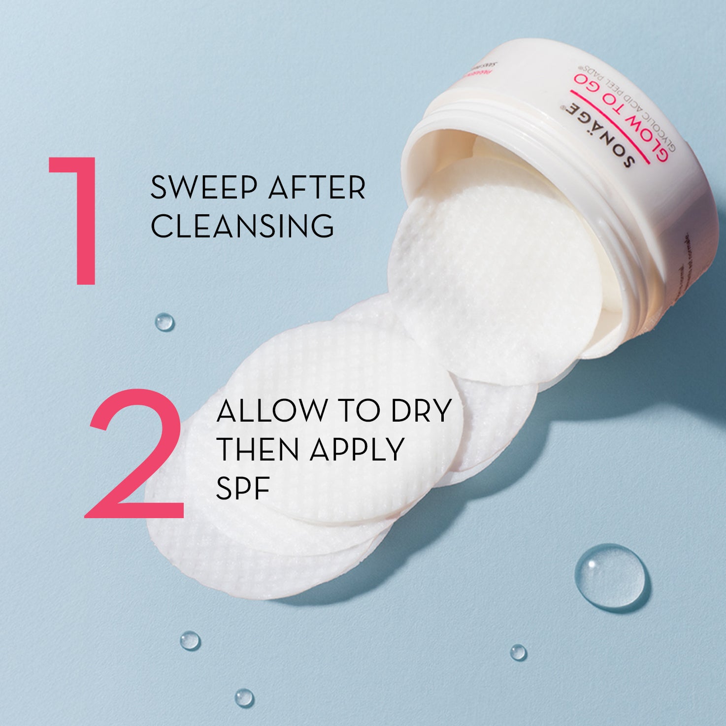 Squeeze bottle with cotton pads on a light blue background with text instructions.