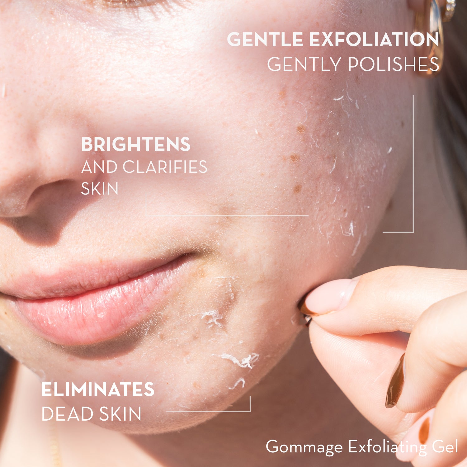 Person applying exfoliating gel to face with text highlighting benefits