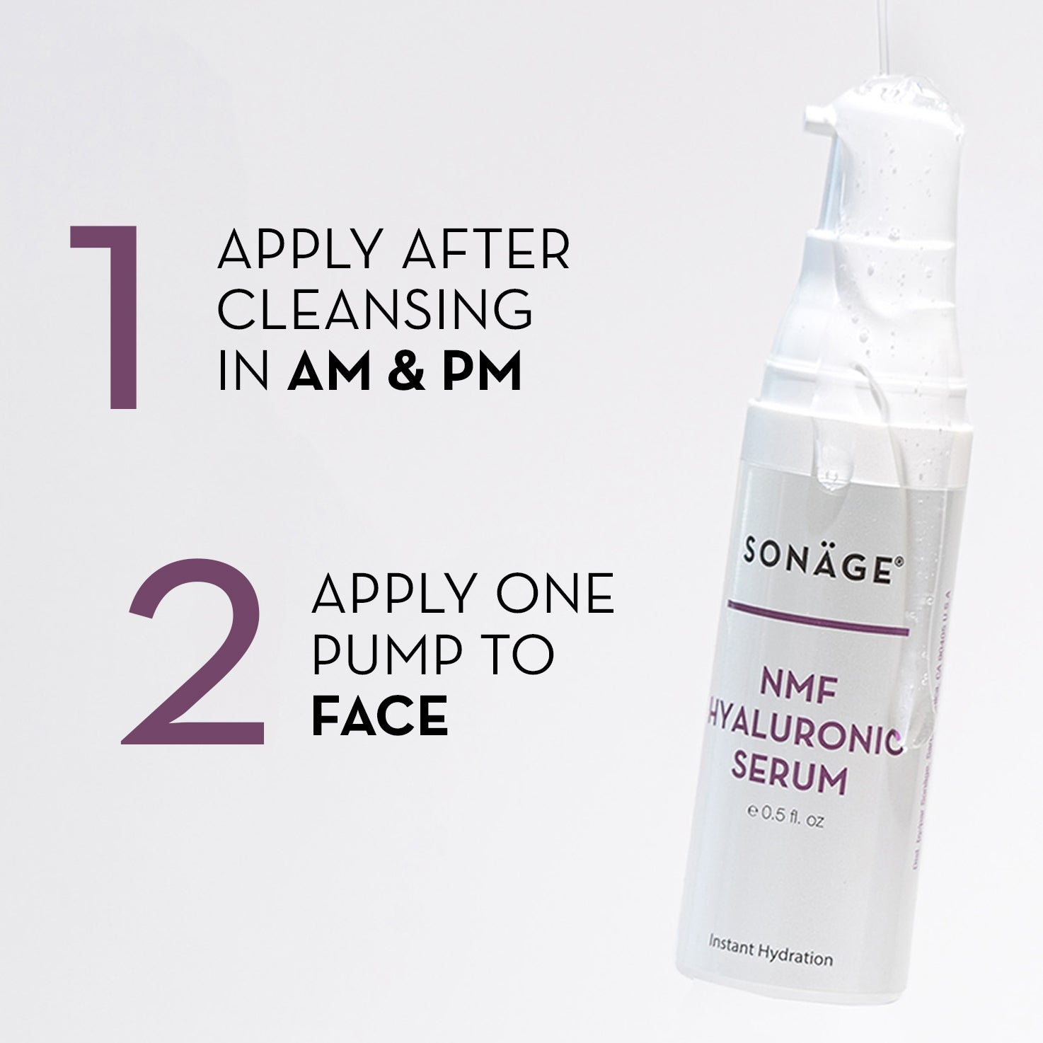 Sonáge NMF Hyaluronic Serum bottle with usage instructions on a white background