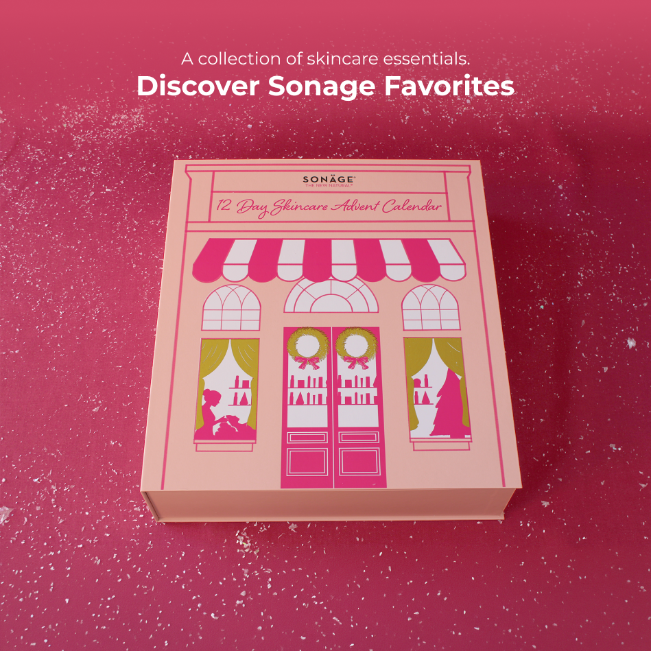 Skincare advent calendar gift box with storefront illustration and pink trim
