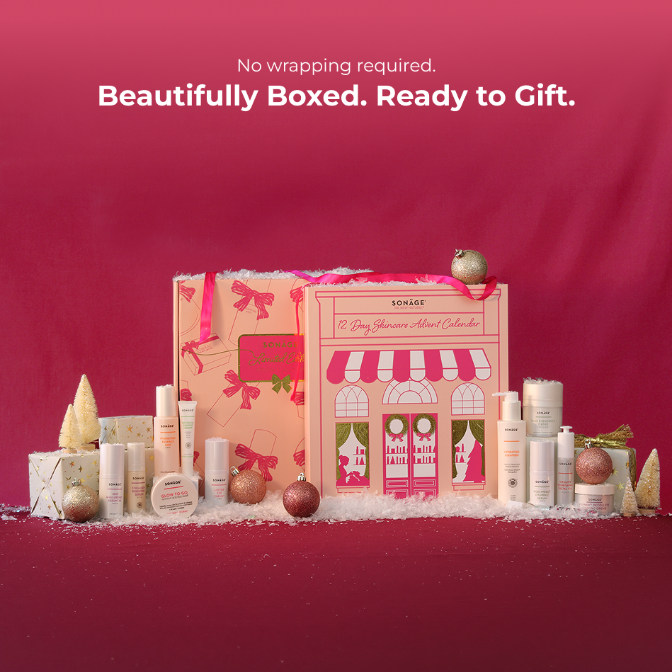 Skincare beauty advent calendar box with skincare bottles arranged for gifting