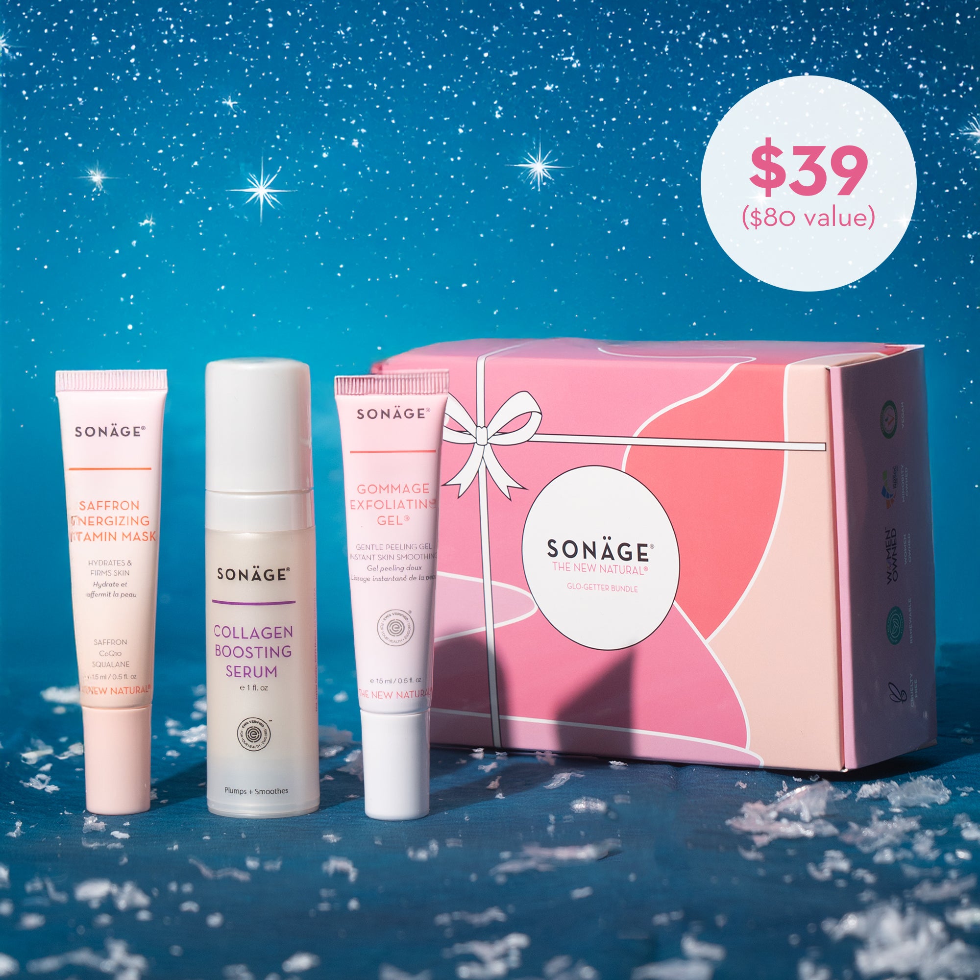 Sonáge skincare product set with packaging on a starry night background
