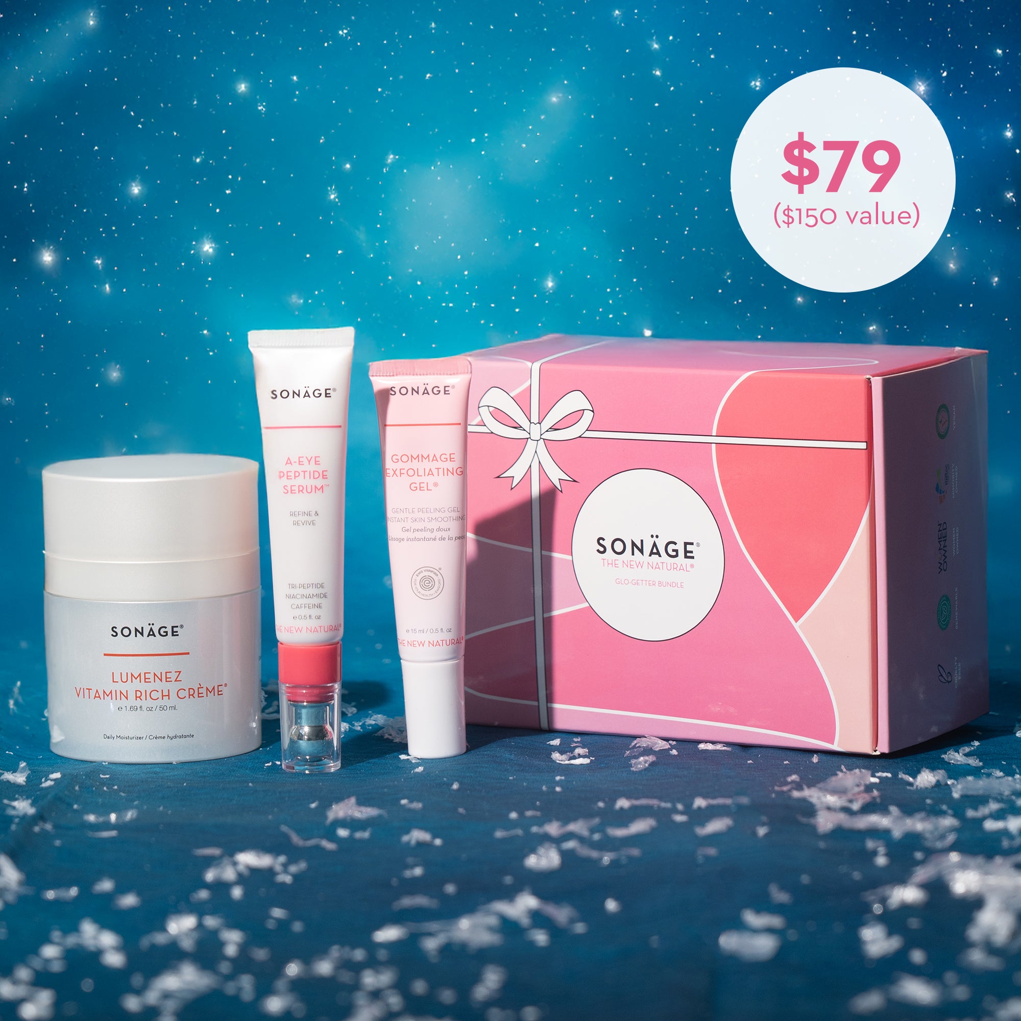 Sonáge skincare products including a pink box, cream, and serum on a blue snowy background.