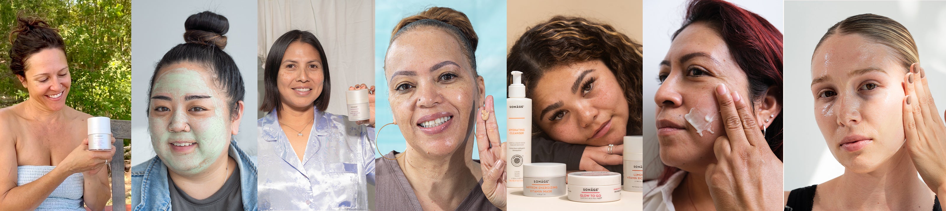 Collage of women applying a facial skincare products with various settings and expressions.
