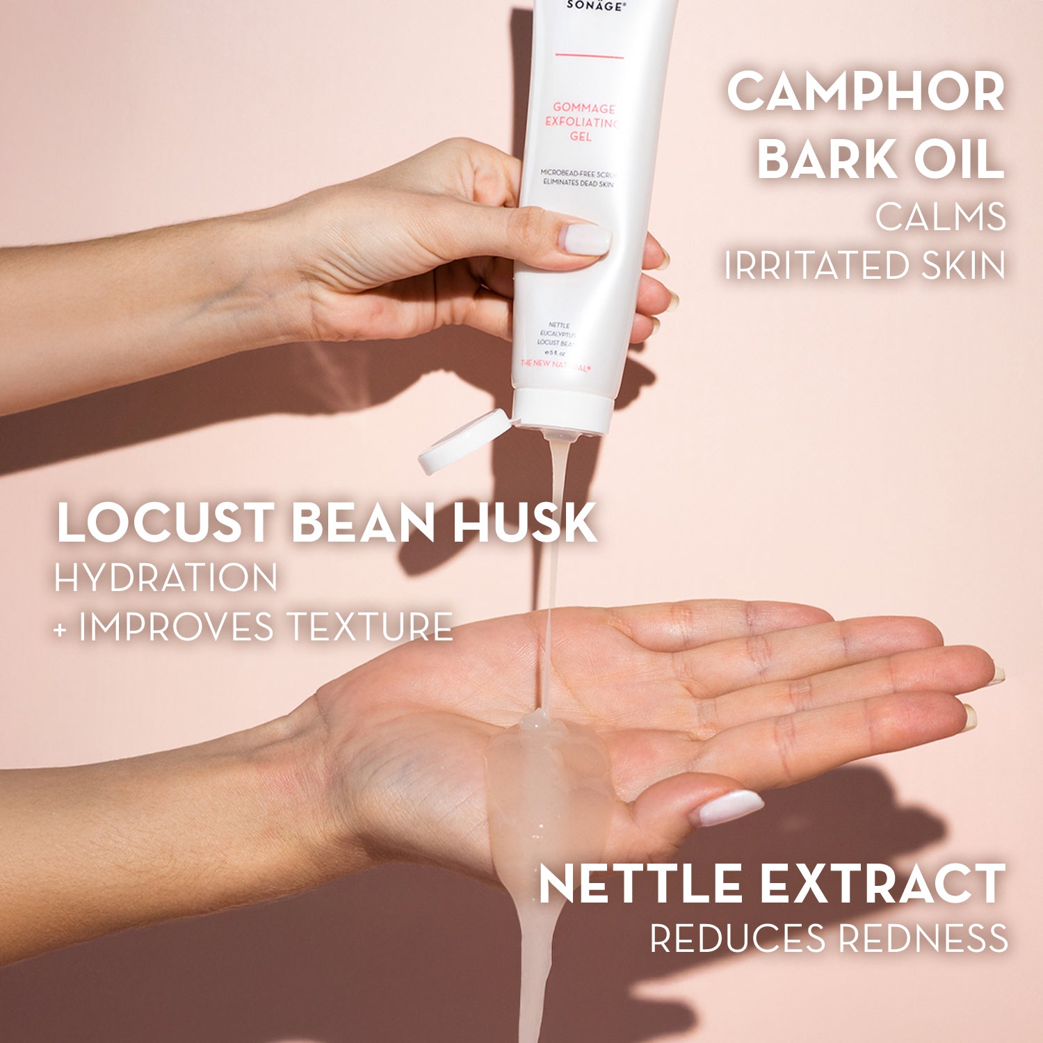 Hand applying skincare product with text about ingredients on a pink background