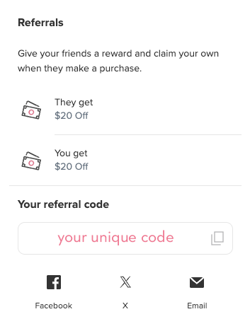 Referral program screen with rewards and referral code entry on a white background